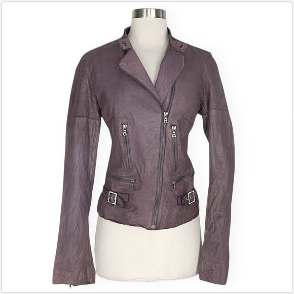 Resurrected 100% Leather Mauve Purple Gray Moto Jacket Rhinestone Trim Size L - Picture 3 of 8